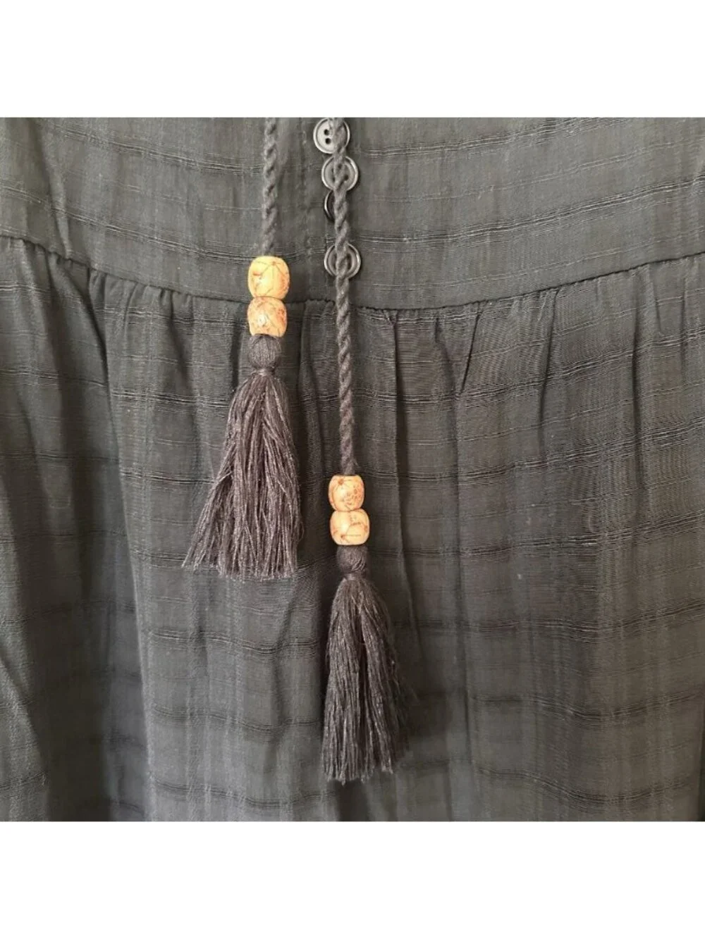 Casual Black Boho Dress sz L Oversized Tiered Peasant Festival Tassel Relaxed